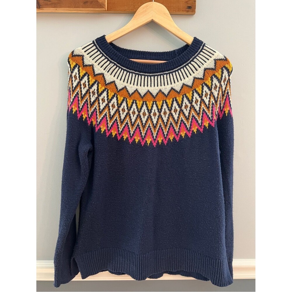 Old Navy Navy Fair Isle Nordic Print Crewneck Sweater Medium